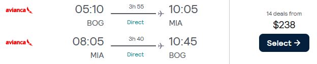 Non-stop flights from Bogota, Colombia to Miami, USA for only $238 USD roundtrip with Avianca. Flight deal ticket image.