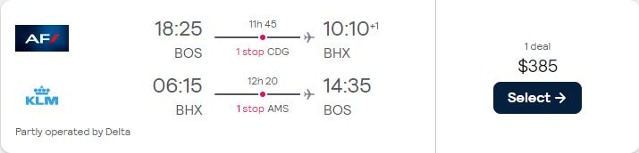 Cheap flights from Boston to Birmingham, UK for only $385 roundtrip with Air France, KLM and Delta Air Lines. Flight deal ticket image.