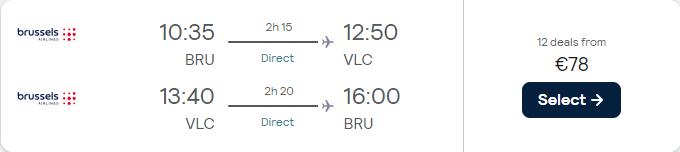 Non-stop flights from Brussels, Belgium to Valencia, Spain for only €78 roundtrip with Brussels Airlines. Flight deal ticket image.