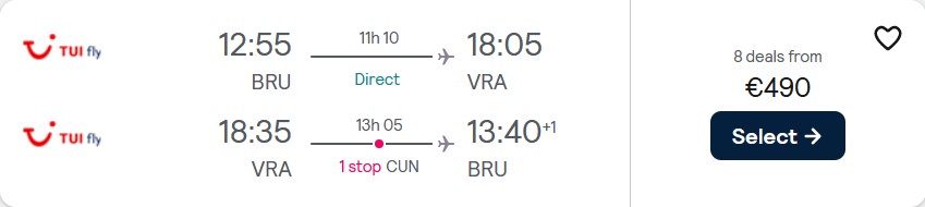 Cheap flights from Brussels, Belgium to Varadero, Cuba for only €490 roundtrip. Flight deal ticket image.