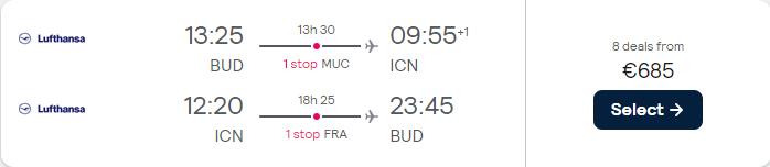 Premium Economy flights from  Budapest, Hungary to Seoul, South Korea for only €685 roundtrip with Lufthansa. Flight deal ticket image.