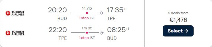 Business Class, Christmas flights from Budapest, Hungary to Taipei, Taiwan for only €1476 roundtrip with Turkish Airlines. Flight deal ticket image.