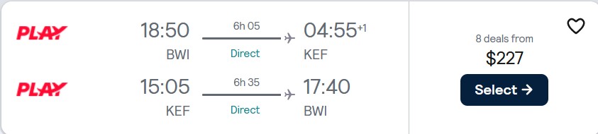 Click here to book this cheap flight deal. Non-stop flights from Eastern USA to Reykjavik, Iceland from only $227 roundtrip. Flight deal ticket image.
