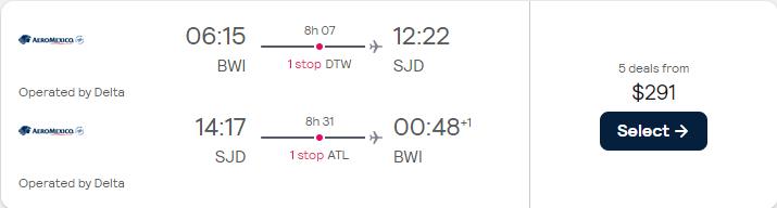 Click here to book this cheap flight deal. Cheap flights from Baltimore to San Jose del Cabo, Mexico for only $291 roundtrip with Delta Air Lines. Flight deal ticket image.