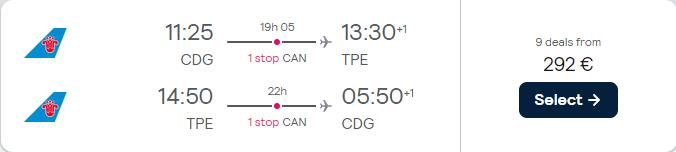 Cheap flights from Paris, France to Taipei, Taiwan for only €292 roundtrip. Flight deal ticket image.