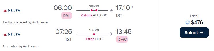 Cheap flights from Dallas or Miami to Istanbul, Turkey from only $476 roundtrip with Air France. Flight deal ticket image.
