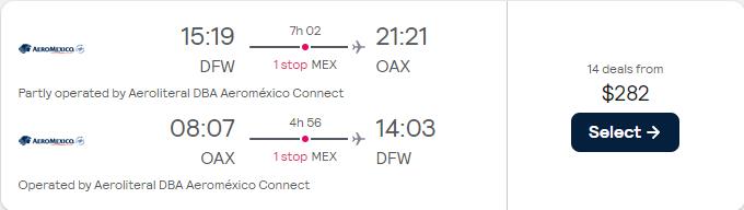 Cheap flights from Dallas, Texas to Oaxaca, Mexico for only $282 roundtrip with Aeromexico. Flight deal ticket image.