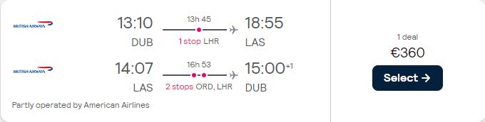 Christmas flights from Dublin, Ireland to Las Vegas or Los Angeles, USA for only €360 roundtrip with British Airways and American Airlines. Flight deal ticket image.