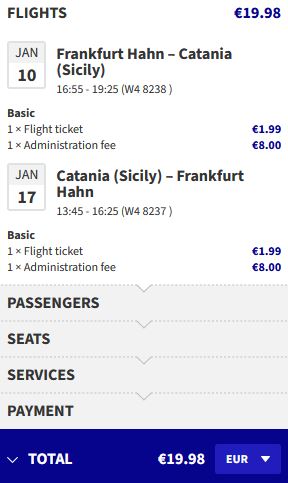 Non-stop flights from Frankfurt, Germany to Catania, Italy for only €19 roundtrip. Flight deal ticket image.