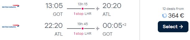 Click here to book this cheap flight deal. Cheap flights from Gothenburg, Sweden to Atlanta, USA for only €364 roundtrip with British Airways. Flight deal ticket image.