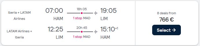 Error Fare Business Class flights from German cities to Lima, Peru from only €766 roundtrip with Iberia. Flight deal ticket image.