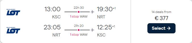 Cheap flights from Kosice, Slovakia to Tokyo, Japan for only €377 roundtrip with LOT Polish Airlines. Flight deal ticket image.