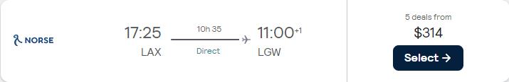 Premium Economy flights from Los Angeles to London, UK for only $314 one-way. Flight deal ticket image.