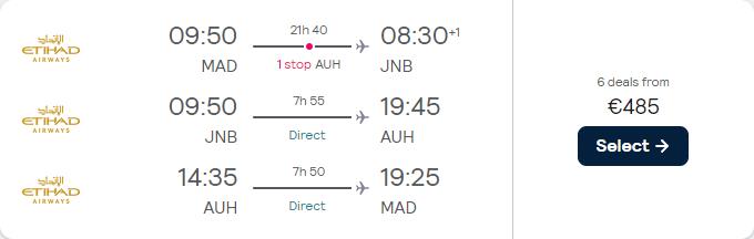 2 in 1 trip...Cheap flights from Madrid, Spain to Johannesburg, South Africa and Abu Dhabi, UAE for only €485 roundtrip with Etihad Airways. Flight deal ticket image.