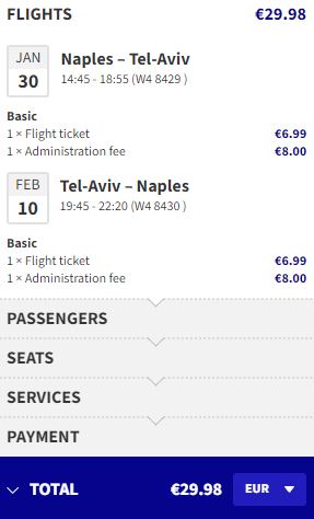 Non-stop flights from Naples, Italy to Tel Aviv, Israel for only €29 roundtrip. Flight deal ticket image.