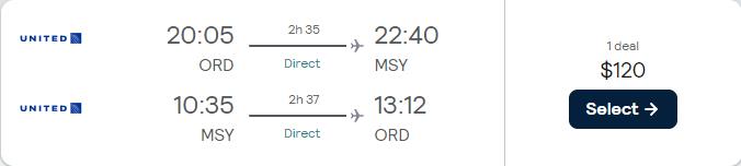 Non-stop flights from Chicago to New Orleans for only $120 roundtrip with United Airlines. Also works in reverse. Flight deal ticket image.