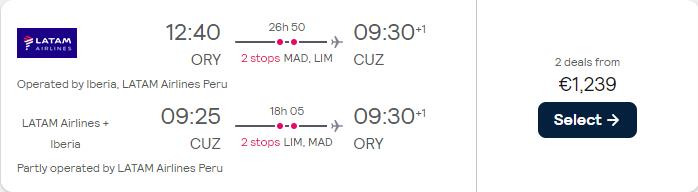 Business Class flights from Paris, France to Cusco, Peru for only €1239 roundtrip with Iberia and LATAM Airlines. Flight deal ticket image.