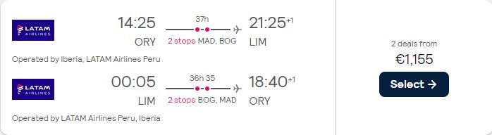 Business Class flights from Paris, France to Lima, Peru for only €1155 roundtrip with Iberia and LATAM Airlines. Flight deal ticket image.