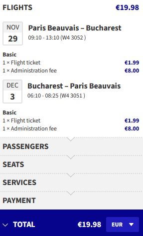 Non-stop flights from Paris, France to Bucharest, Romania for only €19 roundtrip. Flight deal ticket image.