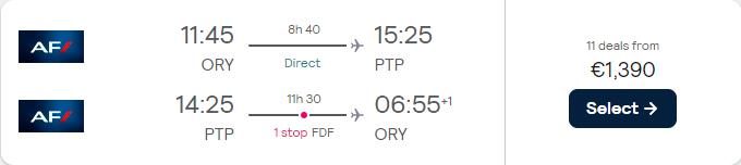 Business Class flights from Paris, France to Guadeloupe for only €1390 roundtrip with Air France. Flight deal ticket image.