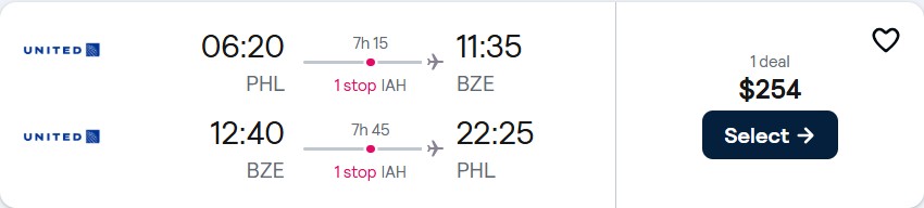 Click here to book this cheap flight deal. Summer flights from Philadelphia to Belize City, Belize for only $254 roundtrip with United Airlines. Flight deal ticket image.