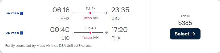 Cheap flights from Phoenix, Arizona to Quito, Ecuador for only $385 roundtrip with United Airlines. Flight deal ticket image.