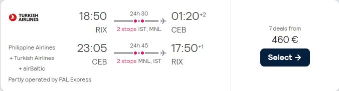 Christmas flights from Riga, Latvia to Cebu, Philippines for only €452 roundtrip with Turkish Airlines. Flight deal ticket image.