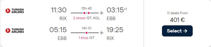Click here to book this cheap flight deal. Cheap flights from Riga, Latvia to Entebbe, Uganda for only €401 roundtrip with Turkish Airlines. Flight deal ticket image.