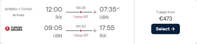 Cheap flights from Riga, Latvia or Vilnius, Lithuania to  from only €473 roundtrip with Turkish Airlines. Flight deal ticket image.
