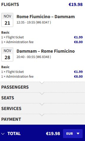 Non-stop flights from Rome, Italy to Dammam, Saudi Arabia for only €19 roundtrip. Flight deal ticket image.