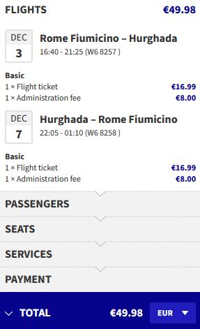 Non-stop flights from Rome, Italy to Hurghada, Egypt for only €49 roundtrip. Flight deal ticket image.