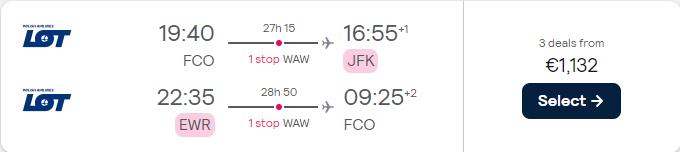 Business Class flights from Rome, Italy to ________ from only €1132 roundtrip with LOT Polish Airlines. Flight deal ticket image.