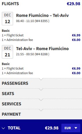 Click here to book this cheap flight deal. Non-stop flights from Rome, Italy to Tel Aviv, Israel for only €29 roundtrip. Flight deal ticket image.