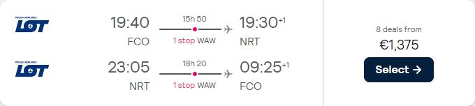 Business Class flights from Rome, Italy to Tokyo, Japan for only €1375 roundtrip with LOT Polish Airlines. Flight deal ticket image.