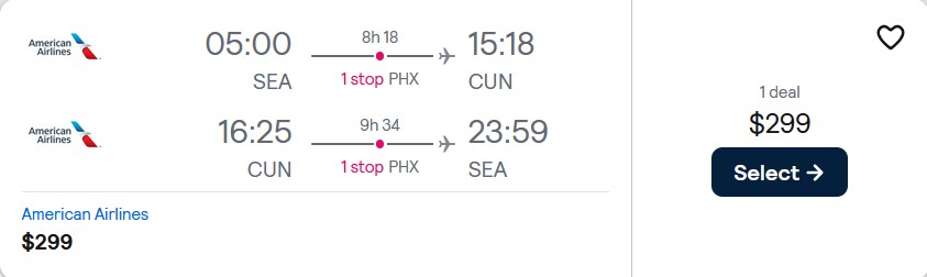 Cheap flights from Seattle to Cancun, Mexico for only $299 roundtrip with American Airlines. Flight deal ticket image.