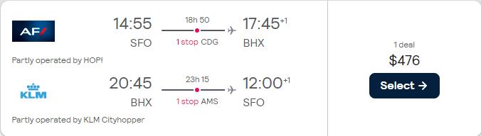 Cheap flights from San Francisco to Birmingham, UK for only $476 roundtrip with Air France and KLM. Flight deal ticket image.