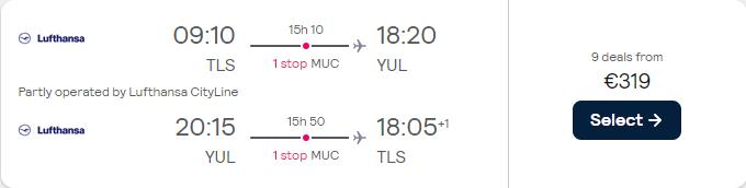 Cheap flights from French cities to Montreal, Canada from only €319 roundtrip with Lufthansa. Flight deal ticket image.
