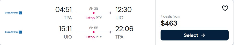 Cheap flights from Tampa, Florida to Quito, Ecuador for only $463 roundtrip with Copa Airlines. Flight deal ticket image.