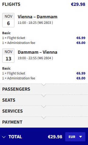 Non-stop flights from Vienna, Austria to Dammam, Saudi Arabia for only €29 roundtrip. Flight deal ticket image.