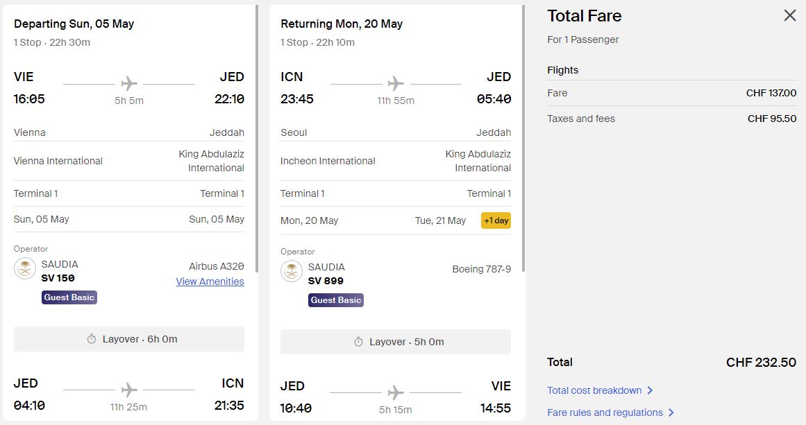 Error Fare flights from Vienna, Austria to Seoul, South Korea for only €242 roundtrip. Flight deal ticket image.