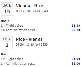 Non-stop flights from Vienna, Austria to Nice, France for only €19 roundtrip. Flight deal ticket image.