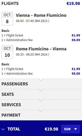Non-stop flights from Vienna, Austria to Rome, Italy for only €19 roundtrip. Flight deal ticket image.