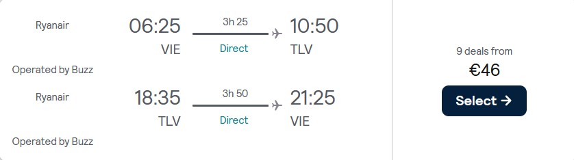 Click here to book this cheap flight deal. Non-stop flights from Vienna, Austria to Tel Aviv, Israel for only €46 roundtrip. Flight deal ticket image.