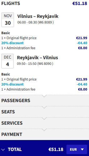 Non-stop flights from Vilnius, Lithuania to Reykjavik, Iceland for only €51 roundtrip. Flight deal ticket image.