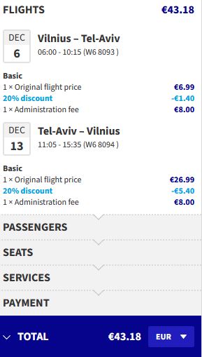Non-stop flights from Vilnius, Lithuania to Tel Aviv, Israel for only £43 roundtrip. Flight deal ticket image.