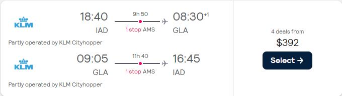 Cheap flights from Washington DC or Boston to UK cities from only $392 roundtrip with KLM. Flight deal ticket image.