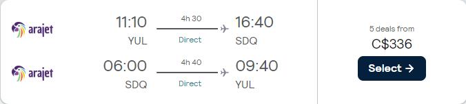 Non-stop flights from Montreal, Canada to the Dominican Republic for only $336 CAD roundtrip. Flight deal ticket image.