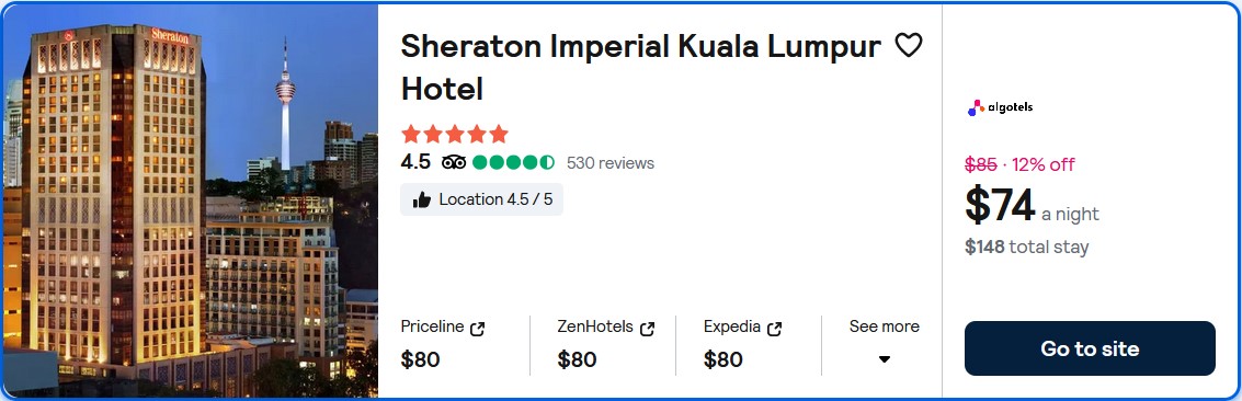 Click here to book this cheap flight deal. Stay at the 5* Sheraton Imperial Kuala Lumpur Hotel in Kuala Lumpur, Malaysia for only $74 USD per night. Flight deal ticket image.