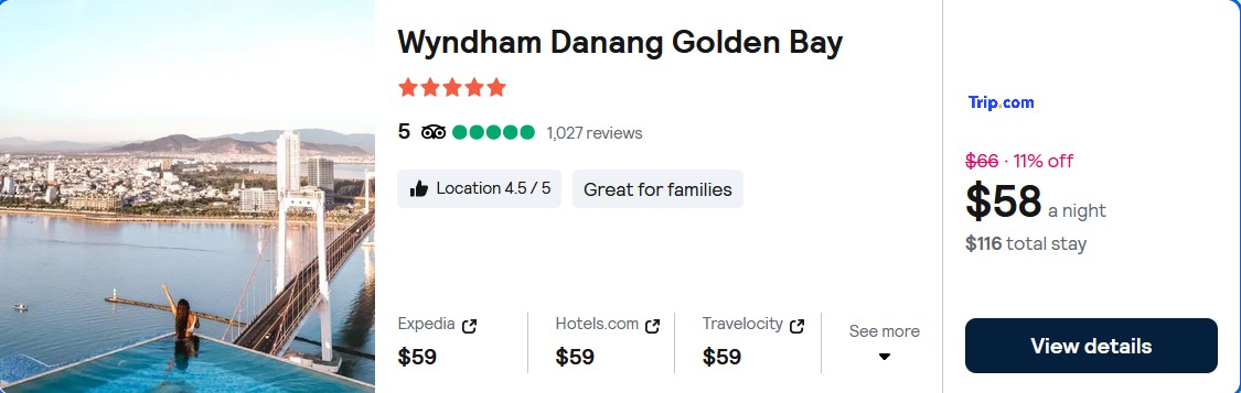 Stay at the 5* Wyndham Danang Golden Bay in Da Nang, Vietnam for only $58 USD per night. Flight deal ticket image.