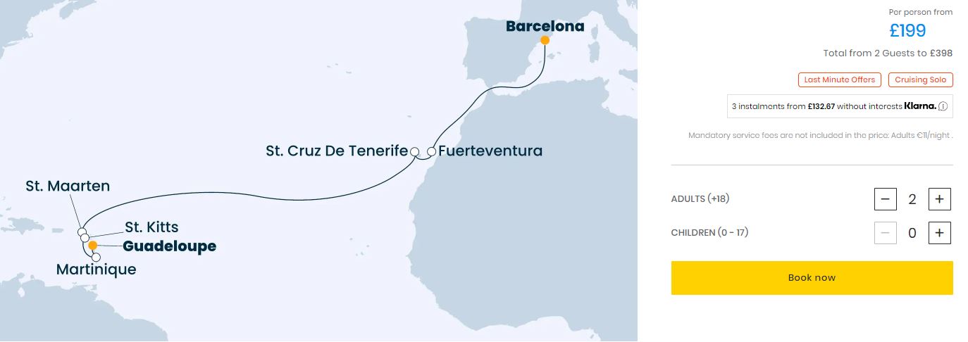Book yourself on a 15-day Full Board cruise from Spain to the Caribbean for only €230 per person. Flight deal ticket image.
